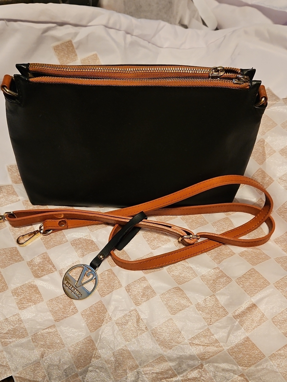 Valentina Italian Black Leather Convertible Crossbody Bag Wristlet Set